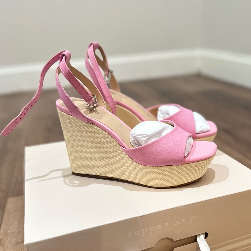 Copper Key suede ankle wedges.